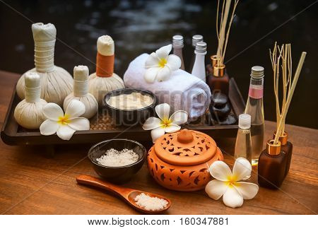 Spa Massage Compress Balls, Herbal Ball On The Wooden With Treaments Spa , Thailand, Soft And Select