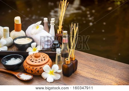 Spa Massage Compress Balls, Herbal Ball On The Wooden With Treaments Spa , Thailand, Soft And Select