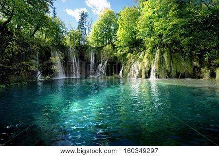 Waterfall inforest,  Plitvice, Croatia