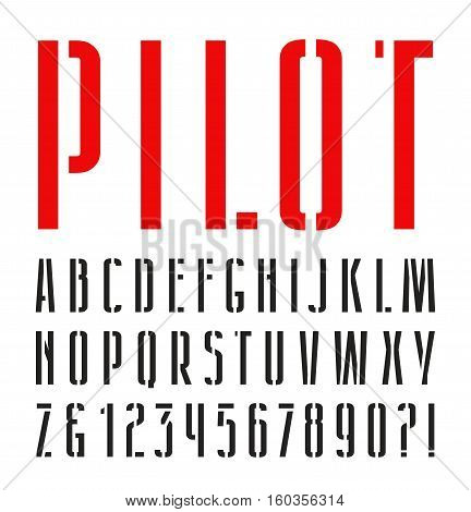 Narrow sanserif stencil-plate font. Isolated on white background
