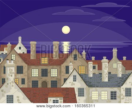 Image of small English villages with old stone houses. Townscape. Vector illustration.