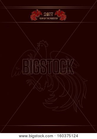 2017, the Year of the Fire Rooster in Chinese Horoscope. Red and gold colors, symbol of new year. Fire element. Vector vip background, suitable for greeting card, certificate or poster.