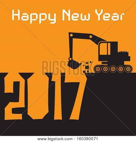 Happy New Year greeting card - Excavator digger at work vector illustration