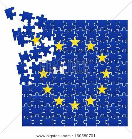 Vector illustration of European Union flag divided on jigsaw puzzle pieces with broken left corner with one star, symbolizing BREXIT, EPS 10
