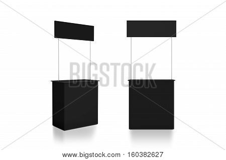 Blank black promo counter mockup stand front and side view 3d rendering. Grey promotional pop up exhibition mock up. Dark store portable desk template. Trade kiosk presentation.