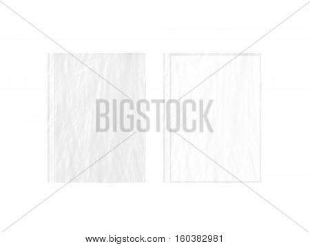 Empty crumpled document protector and blank white A4 paper sheet mockup in transparent plastic sleeve 3d rendering. Translucent business form pocket mock up. Plain worksheet envelope.
