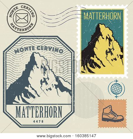 Post stamp set with the Matterhorn mountain of the Alps Adventure outdoor Expedition mountain vector illustration