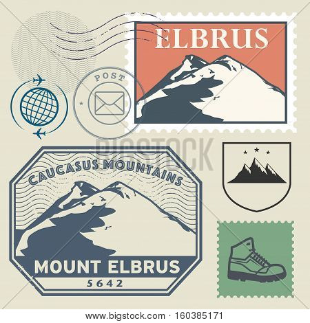 Post stamp set with the Mount Elbrus highest mountain in Russia and in Europe Adventure outdoor Expedition mountain vector illustration