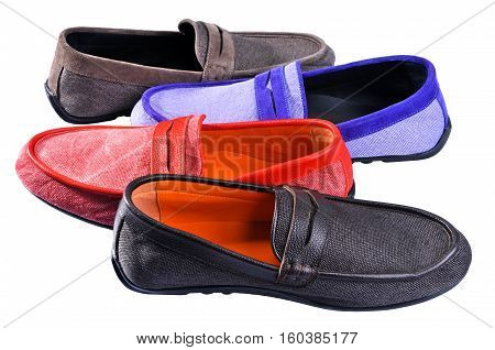 Ukraine Kiev - August 25 2016: Men's leather loafers. mens shoes - multi colored moccasins. Four different color shoes moccasins isolated on white background