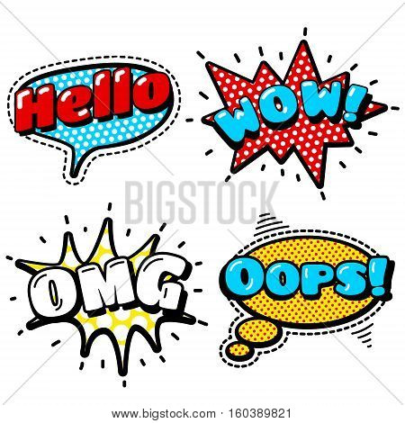 Fashion Patch Badges with Hello WOW OMG Oops. Speech Bubbles Stars and Other Elements. Set of Stickers Pins Patches in Cartoon 80s-90s Comic Style.