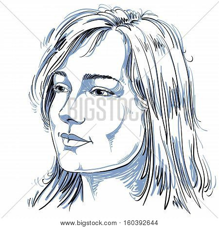 Portrait Of Delicate Good-looking Dreamy Still Woman, Black And White Vector Drawing. Emotional Expr