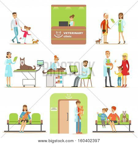 Smiling Cartoon Characters Bringing Their Pets For Vet Examination In Veterinary Clinic Collection Of Illustrations. Happy Pet Owners And Veterinary Specialists Attending Their Animals In Medical Office.