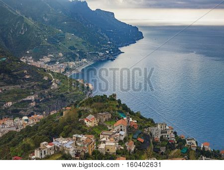 amalfi coast looking from raod to ravello mediterranean sea south italy