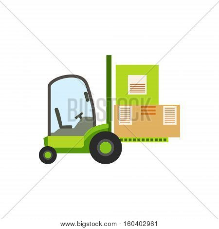 Green Forklift Warehouse Car Lifting The Paper Box Packages, Storeroom Machinery Without Driver. Part Of Storehouse And Logistic Service Depository Collection Of Vector Illustrations.