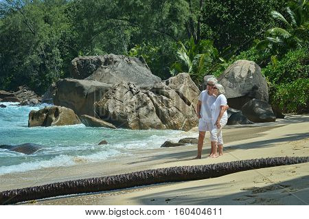Happy elderly couple rest at tropical beac