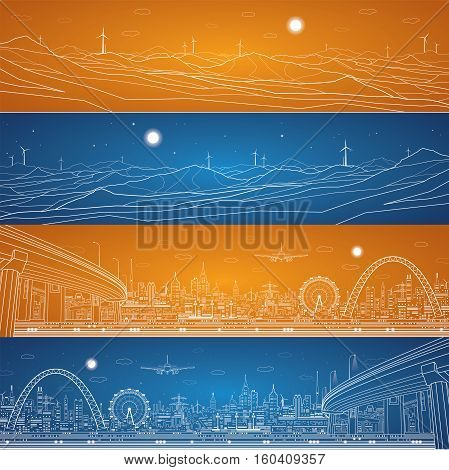 Energy industrial and city infrastructure panorama, mountains landscape, night town, bridges and towers, white lines composition ob blue and orange background, vector design art