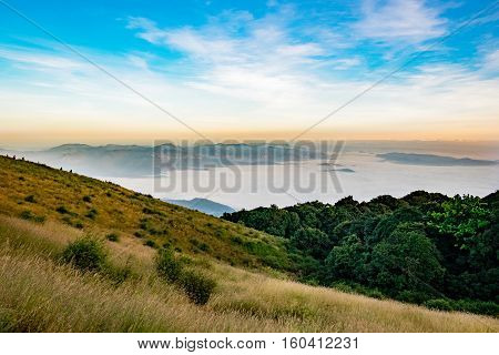 sea of mist or cloud under blue sky a view from Intanon mountain Chiang MaiThailand.