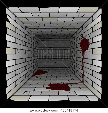 brick box in perspective. 3d room with spots and puddles of blood on the wall and on the floor