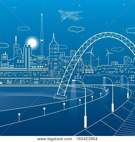 Highway under the bridge. Night city on a background, neon town, towers and houses on skyline, infrastructure illustration, airplane fly, vector design art