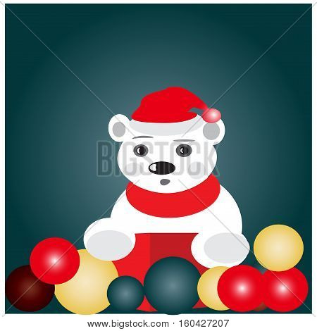 soft teddy toy bear with a Christmas ball on the background of the sewing texture