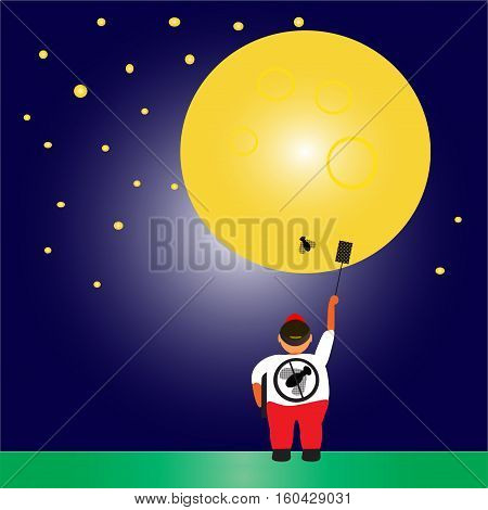 man keeps illuminated lantern in the desert at night sky with an crescent moon.vector illustration