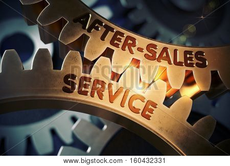 After-Sales Service on Mechanism of Golden Metallic Cogwheels with Glow Effect. After-Sales Service - Industrial Illustration with Glow Effect and Lens Flare. 3D Rendering.