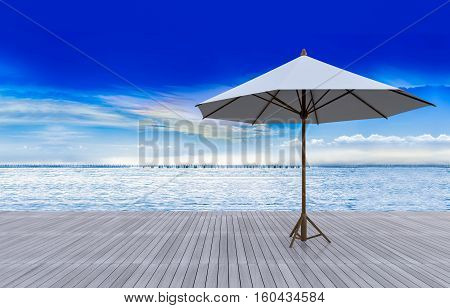 3D rendering image of white umbrella on timber terrace which have sea and rainbow sky as background