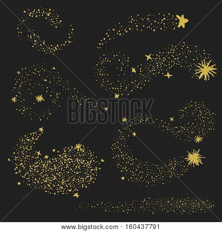 Collection of gold glittering space star dust trail. Glittering star glow lights.