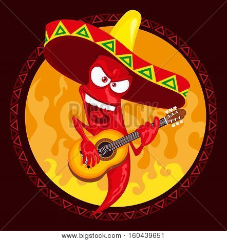 Mexican hot chili pepper incendiary plays guitar