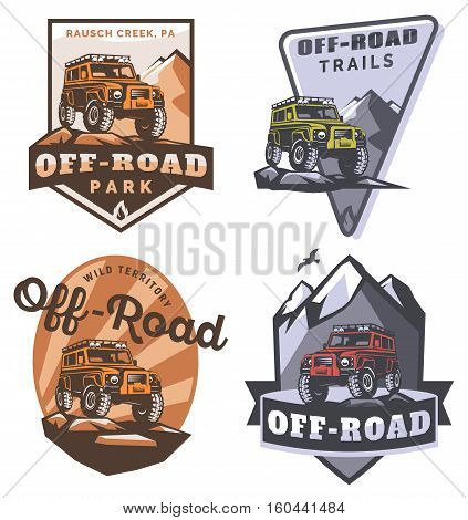 Set of off-road suv car monochrome logo emblems and badges isolated on white background. Rock crawler car in mountains. Off-roading trip emblems 4x4 extreme club emblems.