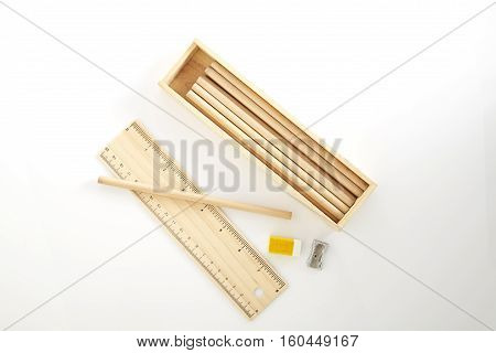 Wooden pencil box Wooden box on white background.