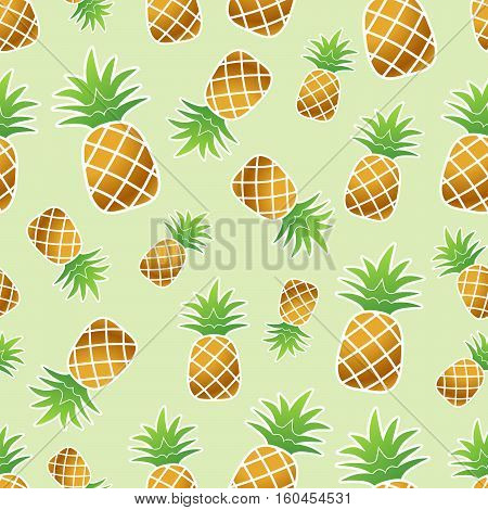 Golden pineaple with white stroke seamless pattern on light green background vector illustration