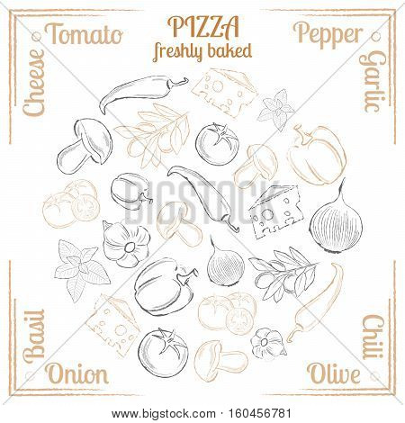 Beige and black hand drawn natural ingredients pizza on white background vector illustration