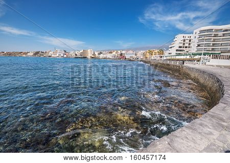 Scenic view of El Medano shoreline in Tenerife Canary island Spain.