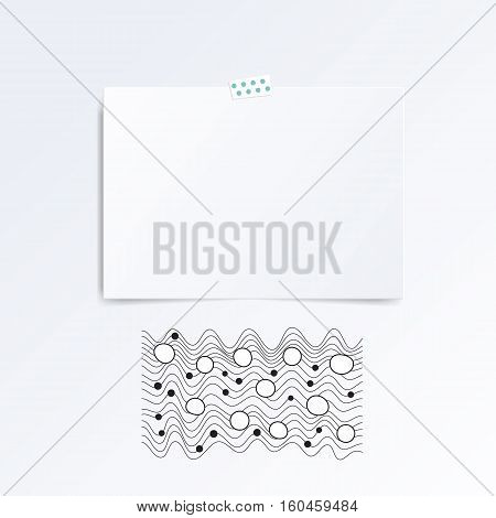 Sheet of paper folded in half. Mock up template isolated on white. Abstract surges with bubbles and dots on white background.