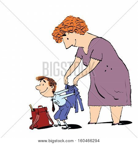 Grandma or the nanny accompanies her grandson to school. Adults and children. Morning boy. Color sketch drawing