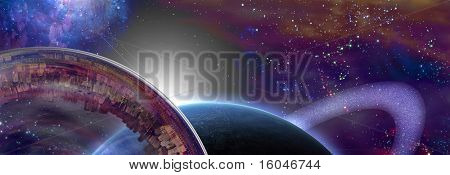 Stora interstellära staden fartyg nära ringmärktes planet