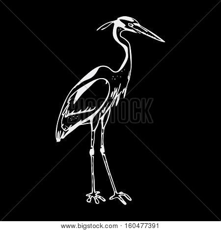 Hand-drawn pencil graphics, heron. Engraving, stencil style. Black and white logo, sign, emblem, symbol. Stamp, seal. Simple illustration. Sketch.