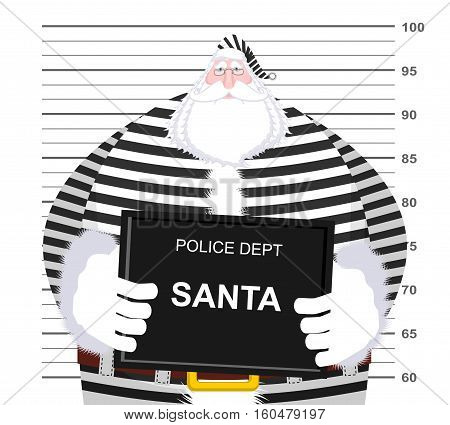 Mugshot Santa Claus At Police Department. Mug Shot Christmas. Arrested Bad Santa In Striped Robe Hol