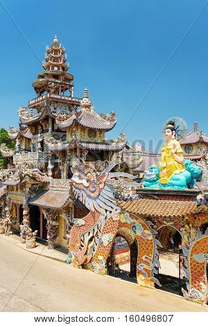 Side View Of The Linh Phuoc Pagoda In The Mosaic Style From Shards Of Glass, Pottery And Porcelain