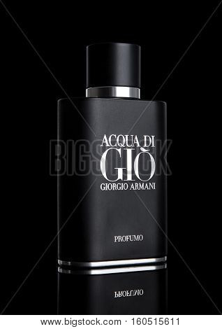LONDON UK - DECEMBER 06 2016: Giorgio Armani Acqua di Gio fragrance for men is one of the evergreen bestselling perfumes worldwide on black