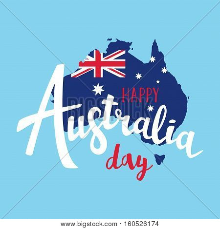 Happy Australia Day Lettering. Map Of Australia With Flag On A Blue Background. Vector Illustration