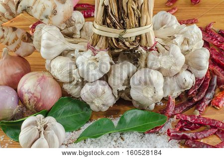 Ingredients of Tom Yam on Thai food Wood surface