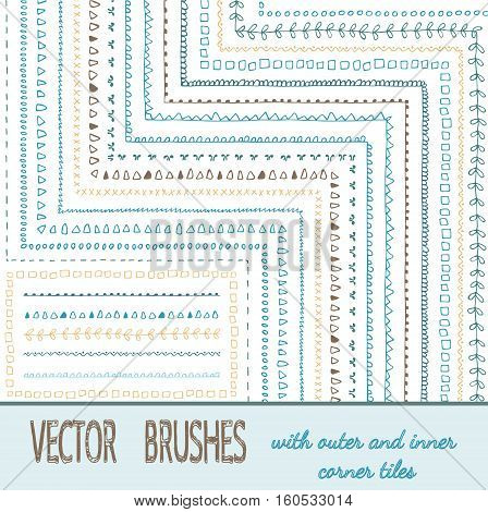 Collection of vector pattern scribble paintbrushes. Brushes set with outer and inner corner elements are included in brush palette. Hand drawn ink illustration. Borders, ornaments, dividers, frames.