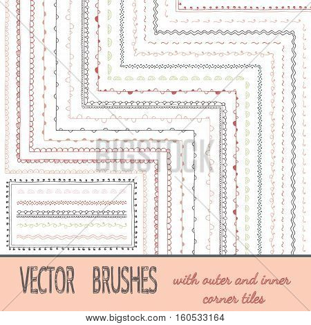 Collection of vector pattern scribble paintbrushes. Brushes set with outer and inner corner elements are included in brush palette. Hand drawn ink illustration. Borders, ornaments, dividers, frames