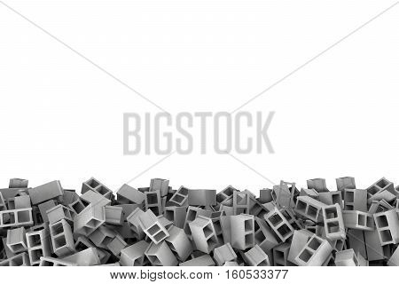Rendering frame made of gray cinder blocks lying at the bottom on white background. Building materials. Construction industry. Renovation of premises.