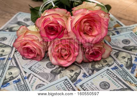 koral roses with dollars on wodden desk