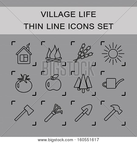 A set of 12 vector icons representing life in a village or cottage