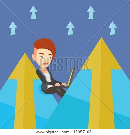 Young caucasian business woman working on laptop on the mountain. Business woman sitting on the top of the mountain and using laptop. Vector flat design illustration. Square layout.