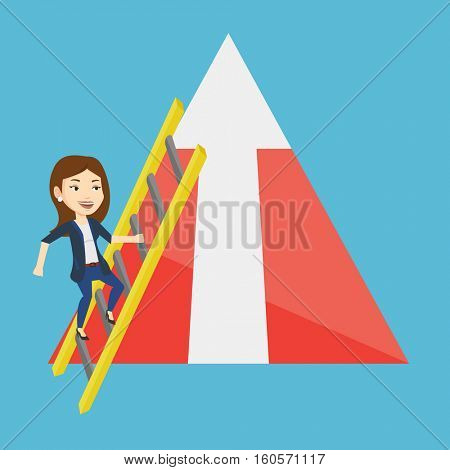 Young business woman climbing the ladder. Businesswoman climbing on mountain with arrow going up. Businesswoman climbing upward on the top of mountain. Vector flat design illustration. Square layout.